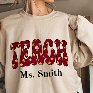 Halloween Teacher Sweatshirt Spooky Season, Spooky Season Star Print TEACH Teacher Name Crewneck, Cozy Fall Teacher Pullover Teacher Gift