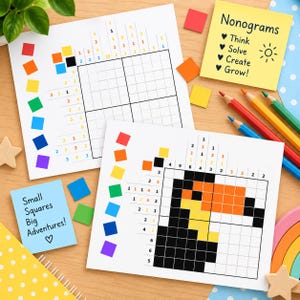 Färglagda nonogrampussel för barn + steg-för-steg-instruktioner för nonogram | Utskrivbara Picross-arbetsblad (digital nedladdning)