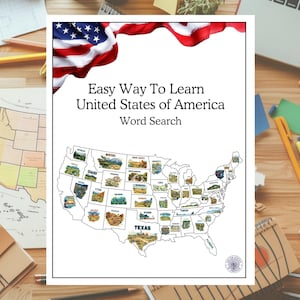 Einfache Möglichkeit, die Vereinigten Staaten von Amerika zu lernen, Alphabetischer Bestellstil, Arbeitsblätter für die Landkarte der USA, druckbare Aktivitäten für Staaten, Wortsuche für die USA