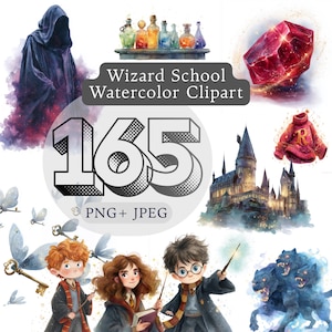 Zauberer Schule Aquarell Clipart: Zauberbücher, Zaubertränke (PNG & JPEG)