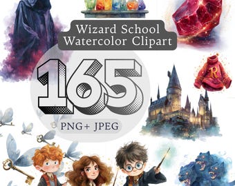 Wizard School Watercolor Clipart: Magic Books, Potions (PNG & JPEG)