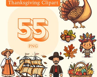 Thanksgiving Clipart PNG | Kids Style Bundle | Turkey, Pumpkin, Pie, Corn, Pilgrim | Commercial Use
