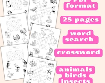 Kids Animal Word Search and Crossword Activity Book – Fun Educational Puzzles for Learning Vocabulary