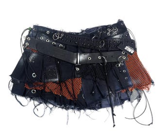 REWORKED PUNK MINISKIRT pleated badass y2k goth black silver denim mini skirt 2000s distressed rave unisex grommet studded asymmetrical