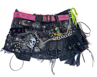 Upcycled Punk Denim Miniskirt — Grommet Stud Chain Waist Harness, Reworked Distressed Alt Festival Wear