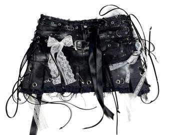 REWORKED GOTH SKIRT enchanted witch punk studded layered pleated faded black y2k 2000s lace denim silver suede miniskirt distressed corset