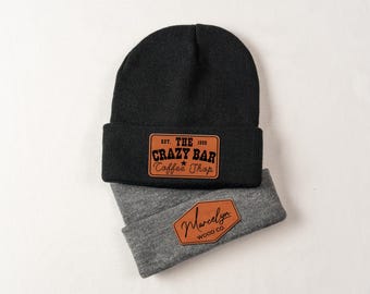 Custom Company Logo Beanie Hat, Engreaved Business Logo on Winter Hats, Laser Engraved Leather Patch Hat, Business Merch, Christmas Gift