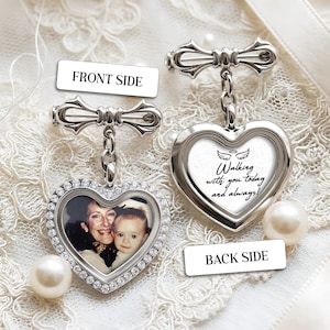 May include: Two heart-shaped photo lockets with silver-tone metal frames. One locket has a photo of two people, the other has the text "Walking with you today and always!" The front side and back side are labeled.