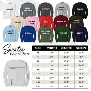 May include: Sweater color chart with 18 different color options and a size chart with measurements in inches for width, length, and sleeve length. Sizes range from XS to 5XL.