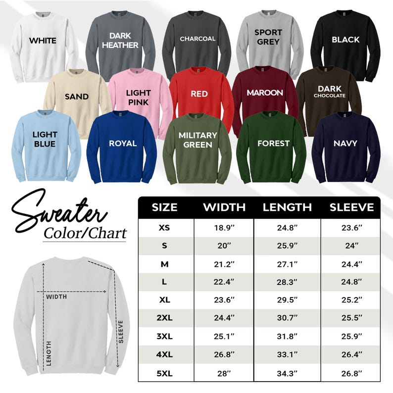 May include: Sweater color chart with 18 different color options and a size chart with measurements in inches for width, length, and sleeve length. Sizes range from XS to 5XL.