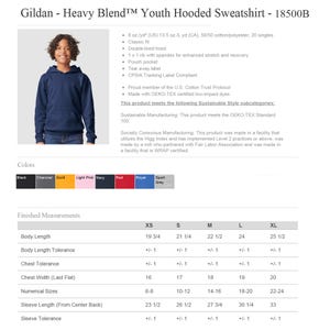 May include: A navy blue youth hooded sweatshirt with a pouch pocket. The sweatshirt is made of a blend of cotton and polyester. The size chart shows measurements in inches.