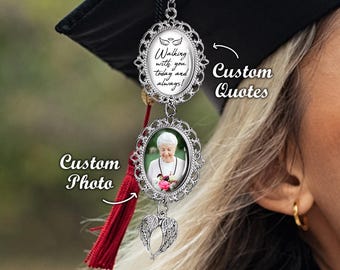 Custom Graduation Tassel Photo Charm, Walking With You Today & Always Memorial Charm with Angel Wings, Hat Topper Tassel, Graduation Gifts