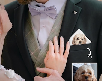 Embroidered Pet Wedding Pocket Square, Custom Pet Portrait Gift for Groom, From Your Dog Photo Men's Wedding Handkerchief, Pet Memorial Gift