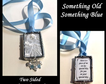 Bridal Bouquet Charm, Heirloom Wedding Accessory Using Your Lace or Fabric Swatch, Something Old Something Blue Pendant
