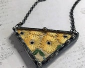 Triangle Pendant, Soldered Geometric Neclace, Vintage Embroidery Linen, Recycled, Soldered Art Charm, Glass Shadow Box Pendant, Artisan made