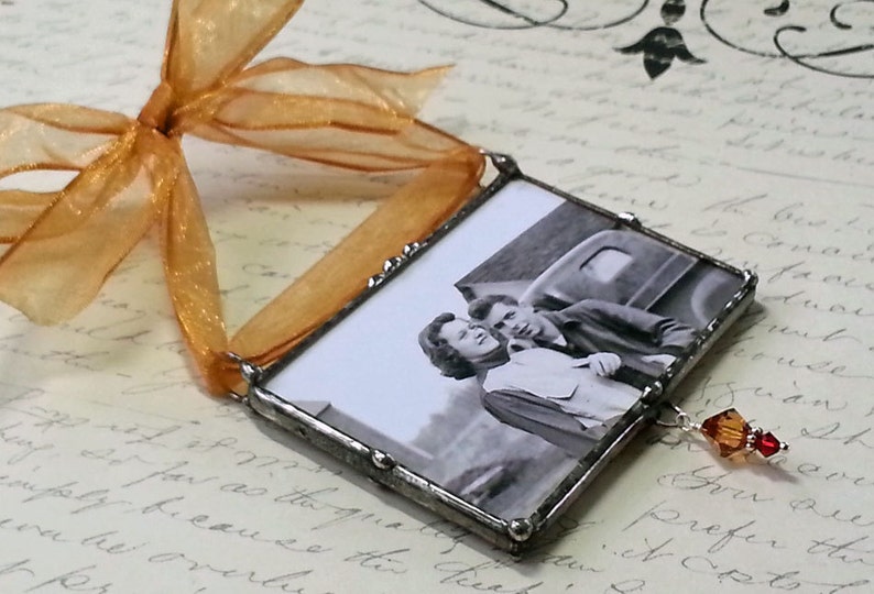 Photo Ornament, Soldered Glass, Golden Anniversary or Silver Anniversary Gift, Photo Memorial Wedding Keepsake image 2