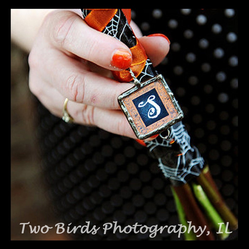 Halloween Wedding Bouquet Charm, Soldered Glass, Gothic Wedding, Bridal bouquet Charm, Personalized Initial Pendant, Bridesmaid Jewelry image 1