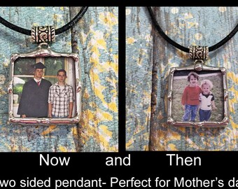 Photo Necklace, Soldered Glass Charm, Personalized Picture Pendant, Leather Cord, Bali Style Bead Connector, Mothers Day Gift