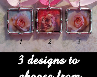 Soldered Art Charm, Glass Pendant, Rose Design, Wedding Charm, Encouragement Pendant, Survivor Gift