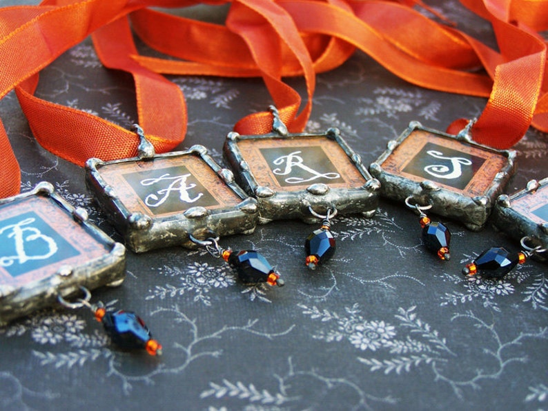 Wedding Bouquet Charms 5 soldered glass custom made with Gothic Halloween design image 3