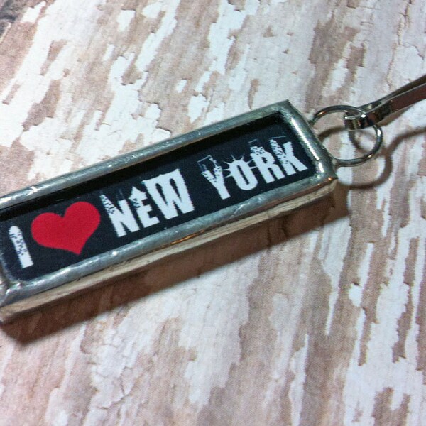 Soldered Art charm, Soldered Glass, Zipper Pull, Purse Charm, I Love New York Pendant