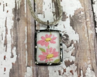 Soldered Art Charm, Mother's Day Gift, Vintage Pink Hankie, Recycled Linen, Ladies Handkerchief, Vintage Style Jewelry, Cottage Chic, Shabby