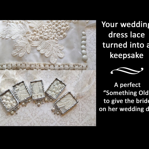 Wedding Bouquet Charm, Something Old, Vintage Wedding Dress Lace, Soldered Glass Pendant, Bridal Shower Gift