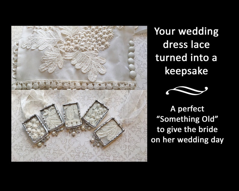 Wedding Bouquet Charm, Something Old, Vintage Wedding Dress Lace, Soldered Glass Pendant, Bridal Shower Gift image 1
