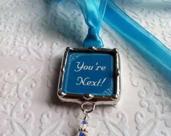 Wedding Bouquet Charm, Tossing Bouquet Accessory, Something Blue, Personalized Wedding, Bridal Keepsake, Soldered Glass Pendant, You're Next