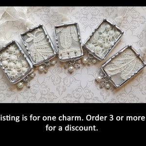 Wedding Bouquet Charm, Something Old, Vintage Wedding Dress Lace, Soldered Glass Pendant, Bridal Shower Gift image 2