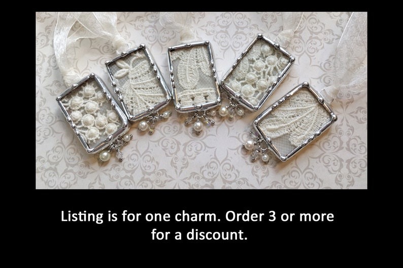 Wedding Bouquet Charm, Something Old, Vintage Wedding Dress Lace, Soldered Glass Pendant, Bridal Shower Gift image 2