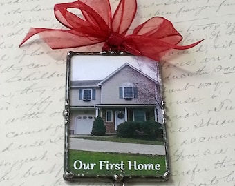 Photo Ornament, New Home, House Warming Gift, Soldered Glass Charm, Personalized, Custom Made, Christmas Ornament, Holiday, Wedding Keepsake