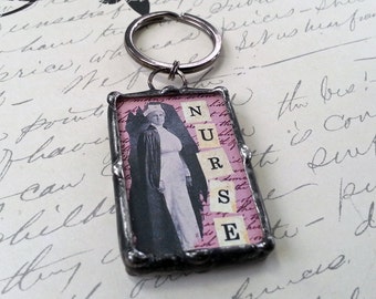 Nurse Charm, Soldered Art Collage, Two Sided With Quote, Photo Glass Keychain