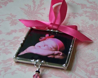 Personalized Photo Ornament, Custom Made Soldered Glass, Mother's Day or Father's Day Gift, Baby's 1st Christmas, Picture Frame two sided