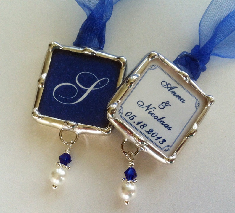 1 Wedding Bouquet Charm, Bridesmaid gift, Bridal Party Keepsake, Something Blue, Memory Charm, Soldered Glass image 1