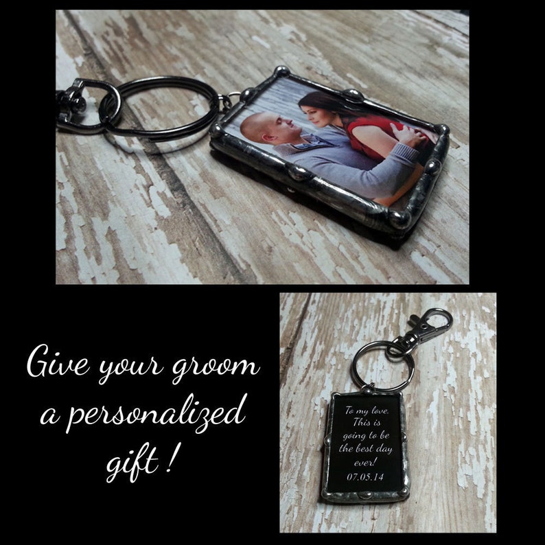 Personalized, Photo Charm, Keychain, Engagement Gift, Soldered Glass, For the Groom, Picture Frame Pendant, Bridal Keepsake image 2