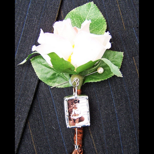 Lapel Pin Boutonniere Charm for the groom, Memorial Photo Stick Pin, Wedding Keepsake, Bridal Bouquet Pin