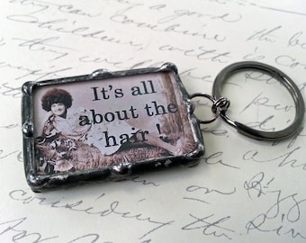 Soldered Art Charm, Hairdresser Pendant, Soldered glass Key chain, Cosmetology Profession Charm, Vintage Image Keychain ,  Beautician gift