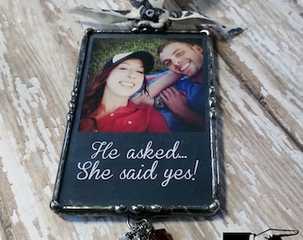 Personalized Photo Ornament, Wedding Announcement, Soldered Glass, Engagement Gift, Chalkboard Design,  Engagement Party, Barn Wedding