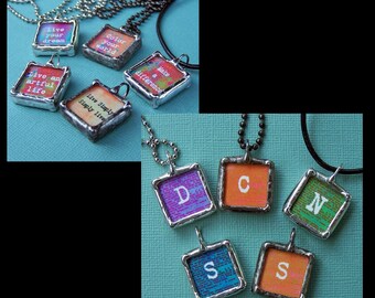 Quote Pendant, Soldered Glass Art Charm, Initial Necklace, Personalized Jewelry, Custom Made