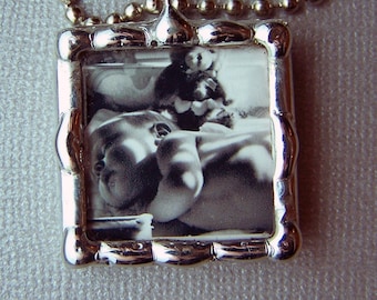 Photo Charm, soldered glass pendant, wedding, personalized gift, custom made picture frame pendant, two sided, New mothers gift