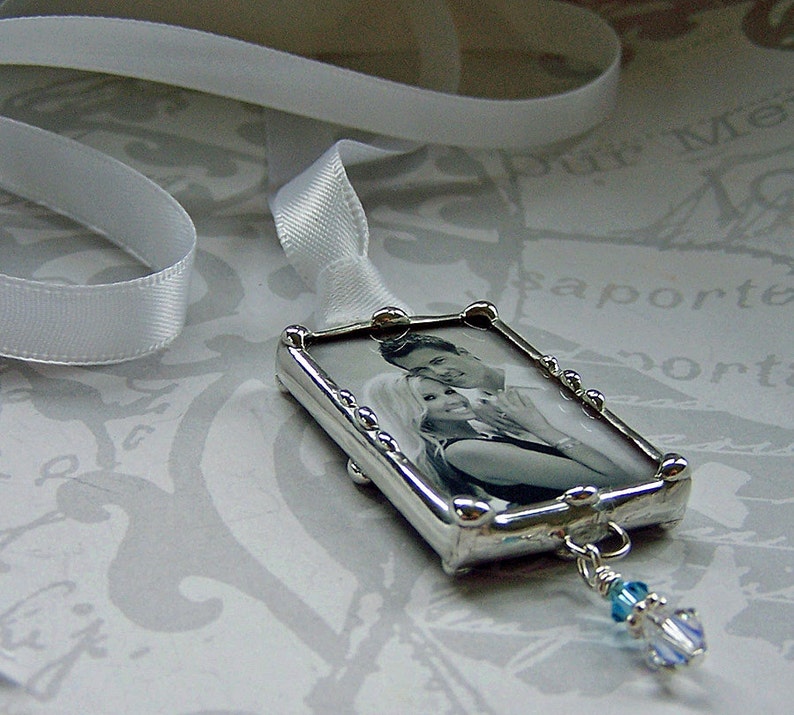 Wedding Memorial Charm, Bouquet Charm, Personalized Photo Pendant, Engagement Gift, Picture Frame Charm, Soldered Glass Hand Crafted image 3