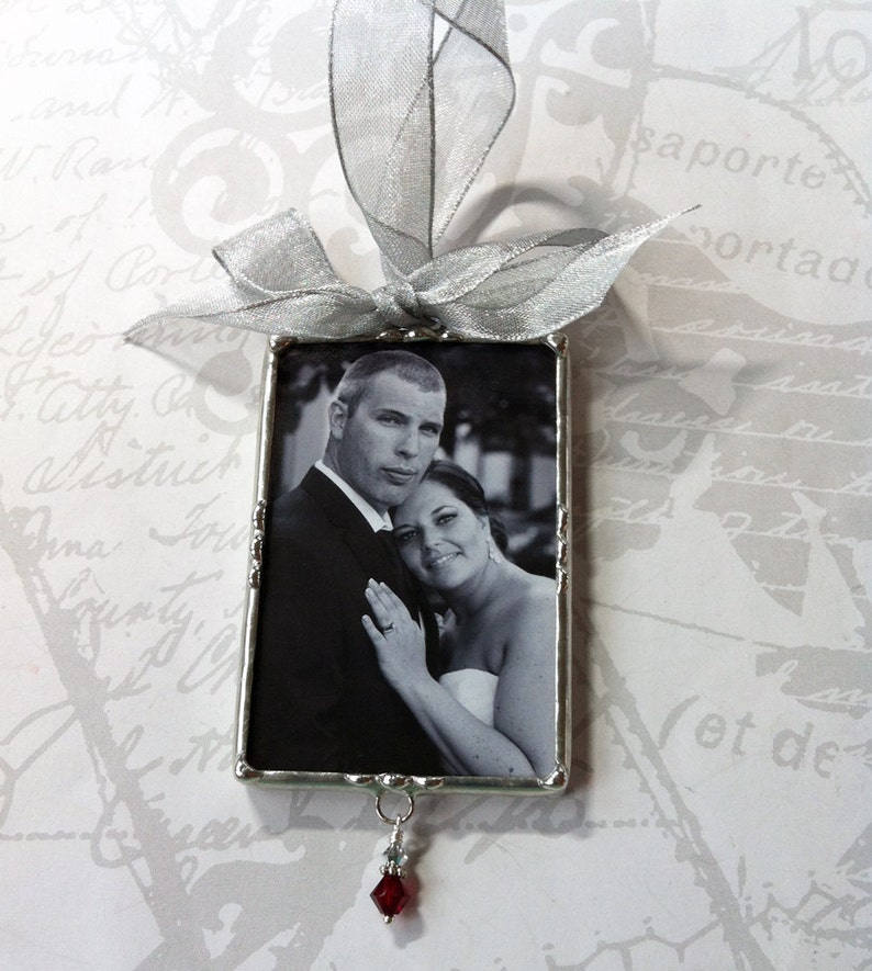 First Christmas Photo Ornament, Soldered Glass Ornament, Wedding Memory, Picture Frame Ornament, Personalized Custom Made image 3