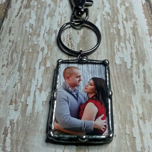 Personalized, Photo Charm, Keychain, Engagement Gift, Soldered Glass, For the Groom, Picture Frame Pendant, Bridal Keepsake image 1