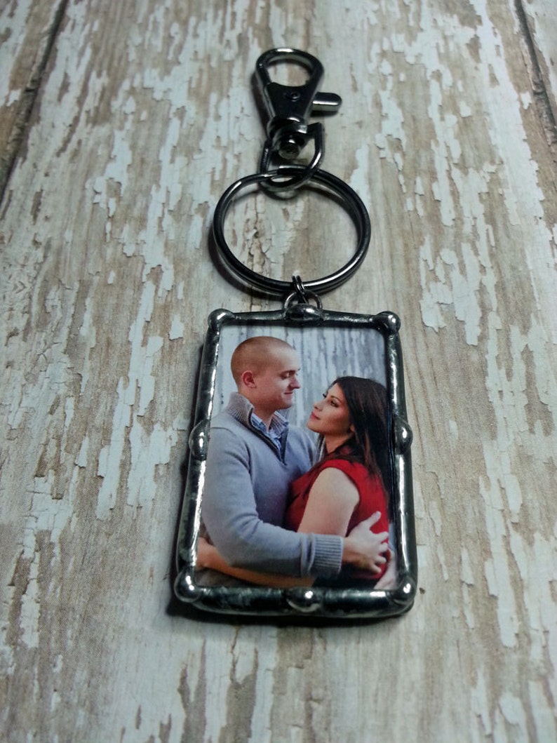 Personalized, Photo Charm, Keychain, Engagement Gift, Soldered Glass, For the Groom, Picture Frame Pendant, Bridal Keepsake image 1