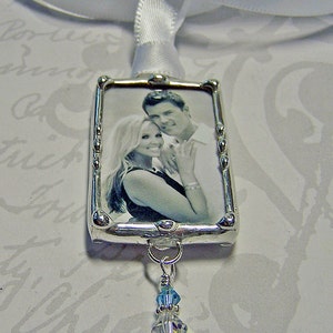 Wedding Memorial Charm, Bouquet Charm, Personalized Photo Pendant, Engagement Gift, Picture Frame Charm, Soldered Glass Hand Crafted image 2