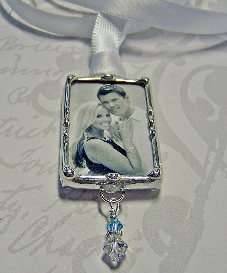 Bouquet Photo Charm, Brides Remembrance Charm, Engagement Keepsake, Soldered Glass Picture Frame Pendant, Bouquet Accessory image 2