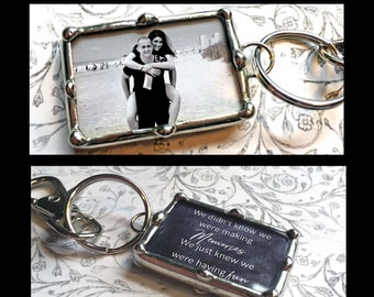 Photo Charm Keychain, Soldered Glass, Quote Pendant, Wedding Picture, Honeymoon Memory, Bridal Keepsake, Engagement Gift