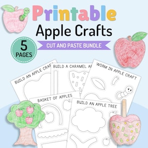 May include: A printable apple crafts cut and paste bundle featuring 5 pages of black and white templates. The set includes outlines for building an apple, a caramel apple, a worm in an apple, a basket of apples, and an apple tree.