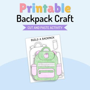 Puede incluir: Una hoja de actividades de manualidades de mochila imprimible con el texto Printable Backpack Craft, Cut and Paste Activity y Build a Backpack. La hoja muestra una ilustración de una mochila verde y rosa con un icono de manzana y el nombre Olivia.